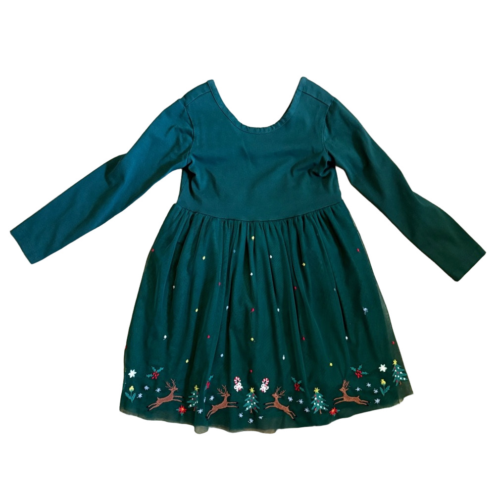 Hanna Andersson Girls Green Reindeer Christmas Dress Size 5 Embroidered Dress